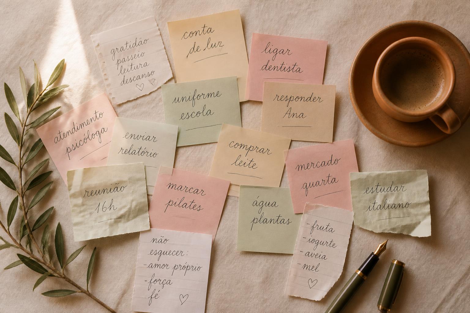 Vários post-its e papéis manuscritos espalhados sobre mesa clara, representando o peso mental das pendências